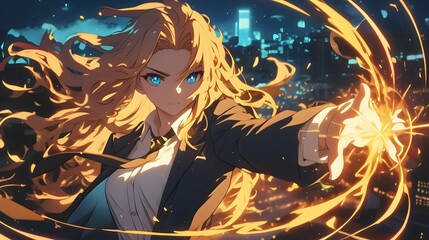 Wall Mural - a beautiful woman with long blonde hair and blue eyes, wearing a white shirt under a navy blazer. sh