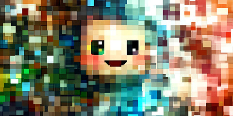 Poster - Pixelated Portrait of Joy: A cheerful pixelated character with a heartwarming smile, set against a vibrant, colorful mosaic background.