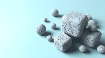 Poster - Geometric Abstraction: Cubes and Spheres: A minimalist composition of textured cubes and spheres in varying sizes, arranged in a dynamic composition against a pastel blue backdrop.