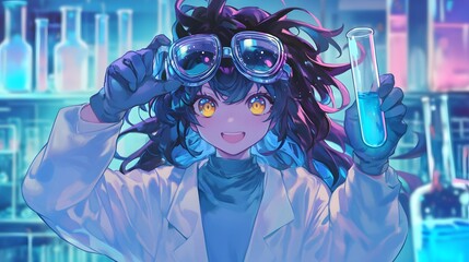 Wall Mural - a happy young scientist with black hair and yellow eyes, wearing goggles and holding up test tubes i