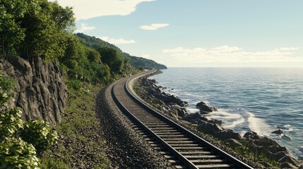 Wall Mural - Serene Coastal Train Ride Along a Peaceful Shoreline