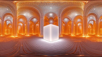 Wall Mural - A glowing cube in an ornate, illuminated architectural space.