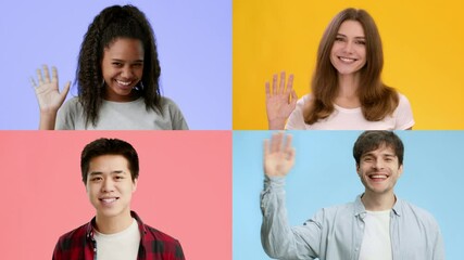 Poster - Four individuals of diverse backgrounds express warmth by waving their hands in greeting against colorful backgrounds. This vibrant collection showcases unity and friendliness.