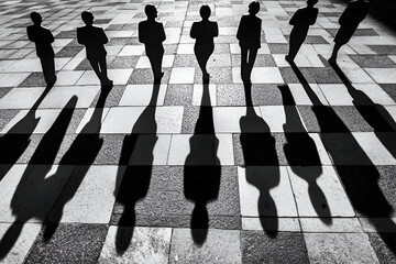 Aufkleber - shadows of unity: silhouettes of diverse individuals cast long, dynamic shadows on a checkered surfa