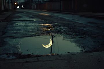 Sticker - Mysterious Reflection: Captivating view of a crescent moon reflected in a puddle on a dark, rain-soaked street, enhancing a moment of introspective serenity.