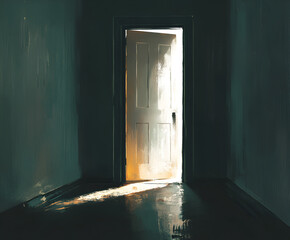 Poster - open door to new beginnings: the image showcases an open door that radiates warmth, suggesting poten