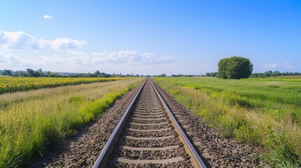 Wall Mural - Scenic Countryside Train Tracks Under Bright Blue Sky