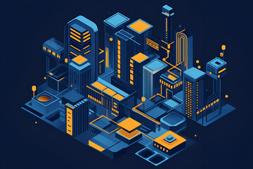 Poster - Isometric Cityscape: An illustrative and modern cityscape, rendered in an isometric perspective. The design highlights interconnected structures and network within the city.