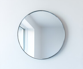 Poster - reflecting serenity: a circular mirror hangs on a wall, reflecting light and space, with a minimalis