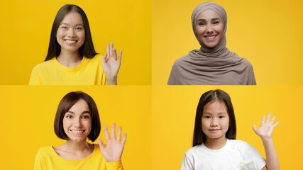 Poster - Four cheerful people wave their hands and smile brightly. The vibrant yellow background enhances their joyful greetings, showcasing a celebration of diversity.