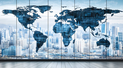 Poster - Global urban landscape with world map overlay modern city digital art high-tech environment aerial view connectivity concept