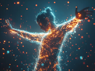 Poster - Digital Embrace: A luminous digital form of a woman with outstretched arms, composed of interconnected particles radiating energy, suggesting connectivity and the digital world.