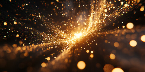Poster - Golden Cosmic Dance: An artistic, abstract depiction of a cosmic event, where particles of gold light explode into a vortex, creating a dynamic spectacle of celestial energy.