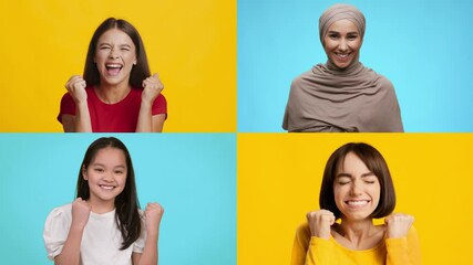 Poster - Four women express joy and excitement, showing gestures of victory and happiness. Each subject stands against colorful backgrounds, celebrating their wins with cheerful smiles.