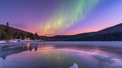 Wall Mural - A serene winter landscape featuring the northern lights over a frozen lake at dusk.