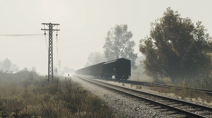 Wall Mural - Morning Fog Rolling Over Train Tracks in Serene Landscape