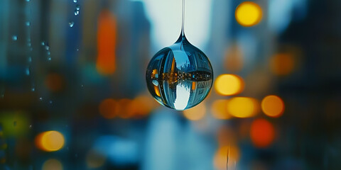 Sticker - urban reflections: a single, perfect water droplet hangs suspended, mirroring the vibrant city light