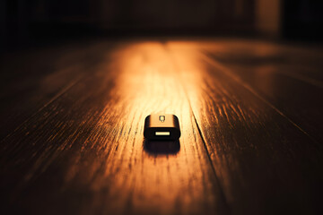 Poster - Illuminated Keycap: An individual keycap sits center stage, highlighted, capturing a sense of minimalist design with the wood grain floor.