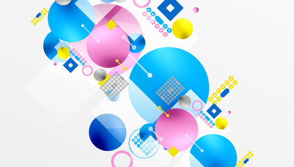 Poster - Minimalistic abstract vector design, layered geometric shapes circles, squares, and triangles with soft pastel gradients and semi-transparent effects. Perfect for contemporary use
