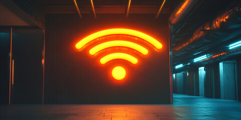 Poster - Illuminated Connectivity: The warm glow of a neon Wi-Fi symbol casts a modern and inviting atmosphere within a dimly lit, industrial-chic space.