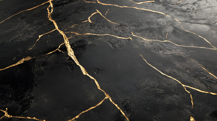Poster - Golden Veins in Stone: Intricate golden veins weave through a dark, polished stone surface, creating a visually stunning and luxurious display of natural beauty. 