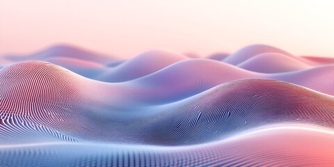 Fototapete - Abstract Ethereal Waves: A captivating view of undulating, colorful waves, bathed in soft, pastel hues of pink and blue, creating a soothing, atmospheric aesthetic.