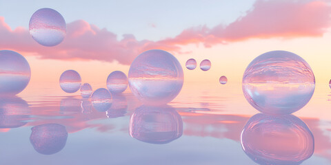 Poster - Sky Reflection in Spheres: A mesmerizing composition featuring clear spheres reflecting a beautiful sunset sky, creating a surreal and dreamlike atmosphere. 