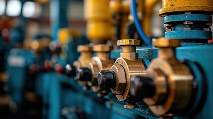 Poster - detailed close-up of industrial machinery components in a modern factory setting with visible valves