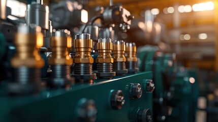 Poster - Close-Up View of Industrial Machinery Components in Factory Setting with Soft Focus and Warm Lighting Effects