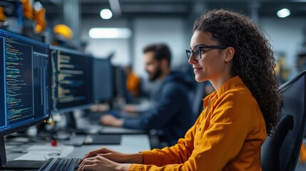 Fototapete - Focused Female Engineer Programming Innovative Industrial Machinery Solutions in Modern Tech Environment