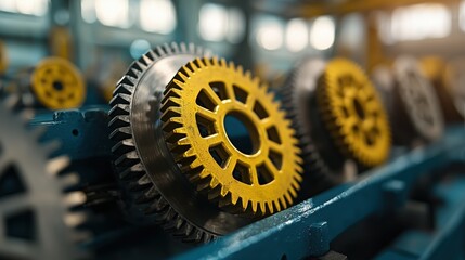 Poster - large yellow metal gears in an industrial setting highlighting mechanics and engineering precision w