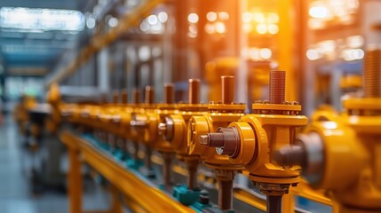 Poster - industrial factory equipment with vibrant yellow valves showcasing advanced machinery in modern manu