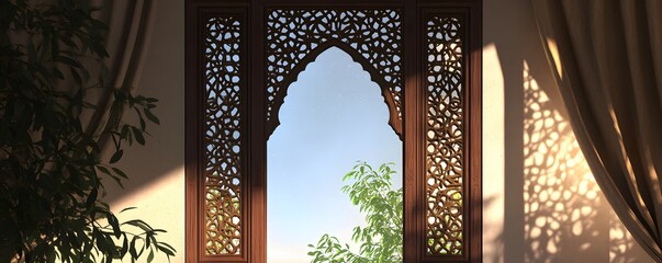 Wall Mural - Intricate wooden lattice window frames a view of trees