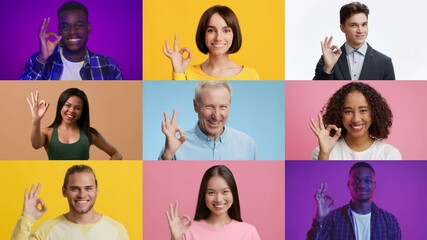 Poster - A collection of individuals from different backgrounds making the 'okay' gesture, showcasing a vibrant lifestyle. Each person is smiling against bright, colorful backgrounds, embodying positivity.