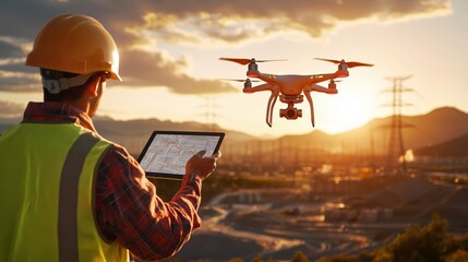 Poster - Construction Worker Using Drone Technology to Survey Site with Tablet at Sunset in Urban Environment for Modern Development Projects