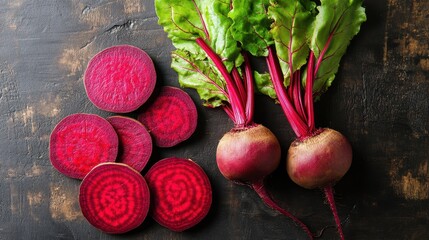 Wall Mural - Fresh beetroot with vibrant red slices. Illustrates healthy eating, recipes, and beetroot benefits.