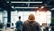 © edit - Plus-Size Woman Wearing Hijab and Queuing in Modern Office Environment with Focused Attitude