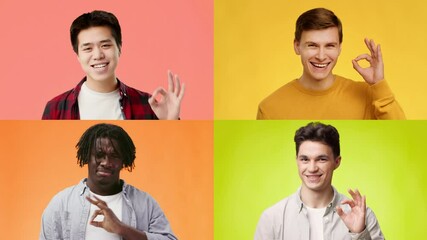 Poster - Four men of different backgrounds actively engaging with cheerful expressions and hand gestures, showcasing positivity against vibrant colored backgrounds.