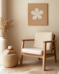 Sticker - Minimalist Harmony: A minimalist reading nook with a brown and beige theme, showcasing an abstract floral wall decoration crafted from fabric.