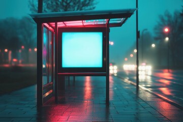 Wall Mural - Rainy Night Mood: A blank billboard at an empty bus stop, glowing under cool blue and purple neon lights in the rain. 