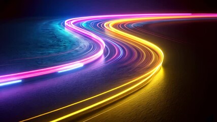 Poster - Dynamic neon light trails curving on dark surface in vivid motion sequence