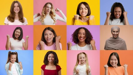 Poster - A diverse group of happy women is joyfully expressing their excitement with enthusiastic gestures. Each individual showcases their unique style and happiness against colorful backgrounds.