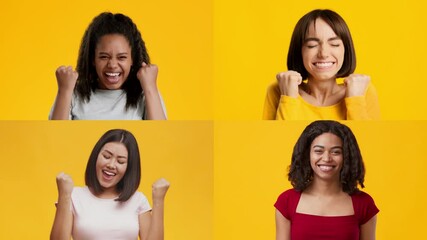 Poster - Four women express their excitement and joy as they celebrate a win with cheerful gestures. Their vibrant smiles and fist pumps showcase the thrill of victory against a bright yellow backdrop.