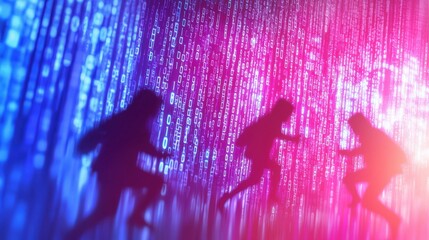 Poster - silhouettes of people interacting against a vibrant, digital backdrop of blue and pink lights, creat