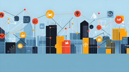 Poster - Urban digital connectivity trends cityscape infographic technology environment aerial view data integration
