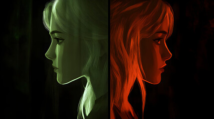 Poster - Dynamic duality portrait of two contrasting women fantasy art digital illustration studio setting side view inner conflict
