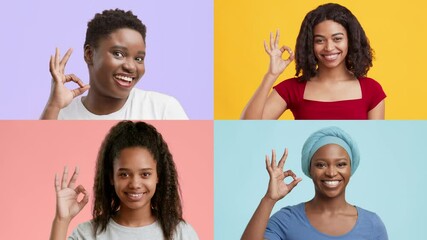 Poster - Four women display joyful expressions while making the okay hand gesture against bright, colorful backgrounds. This collage showcases diversity and positivity in lifestyle.