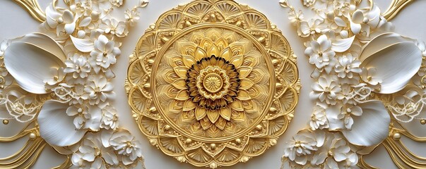 Wall Mural - Intricate gold mandala surrounded by white floral ornaments