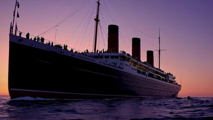Wall Mural - low-angle video shot of a majestic ocean liner at sunset, highlighting its grandeur and scale agains