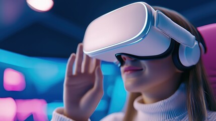 Poster - A young woman wearing a VR headset interacts with a virtual environment, surrounded by vibrant neon lights.
